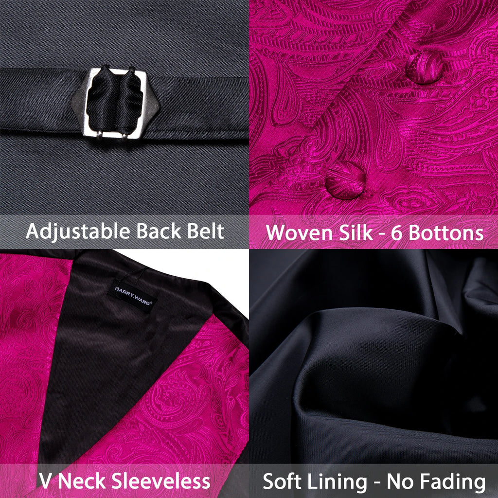 Men's Rose Pink Floral Vest Tie Hanky Cufflinks Formal Waistcoat Qme