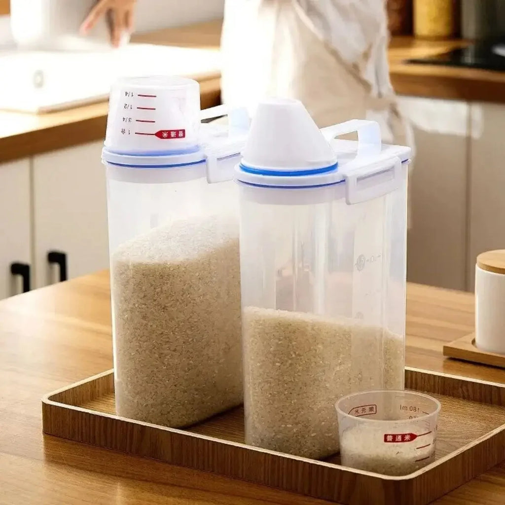 1pc Rice And Grains Food Storage Canister With Measuring Cup, Kitchen Moisture-proof And Insect-proof Dust-proof Qme