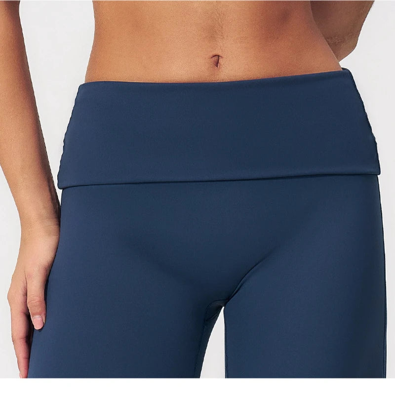 A Gym Pilates Running Workout Pants Women Low Waist Straight Leg Trousers with Fold Waist Nude Feeling Soft Yoga Underwear Qme