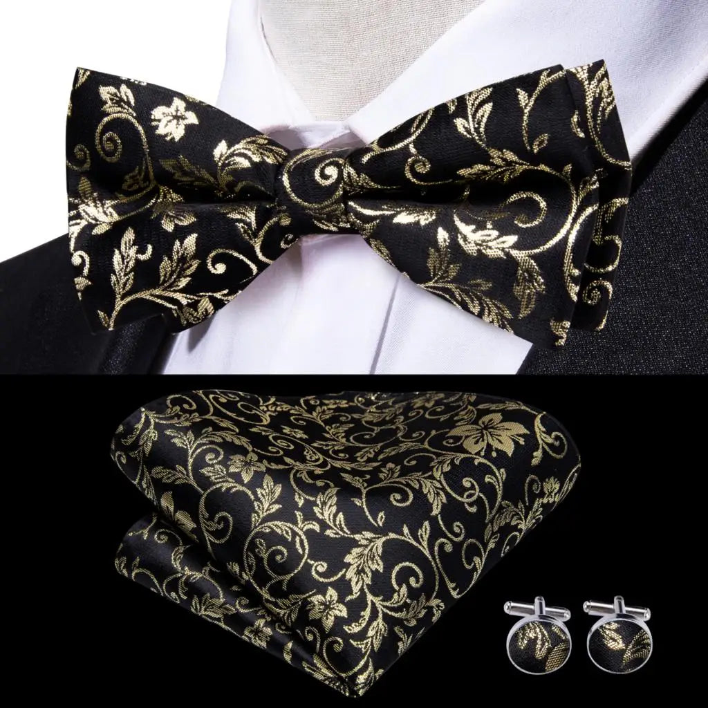 Beige Champagne Gold Mens Bow Tie Hanky Cufflinks Set Jacquard Floral Pre Tied Butterfly Bowtie for Male Wedding silk Business Qme LDLH0519
