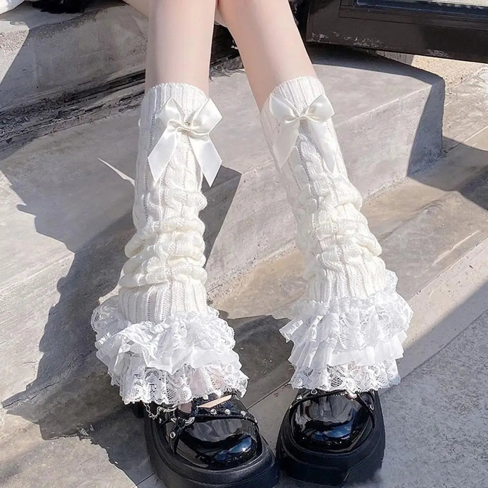 Japanese Women Knitted Leg Warmer Bow Tiered Ruffled Socks Girl Lace Lolita Socks Calf T-shaped Lace Leg Horn Warmers Women Qme