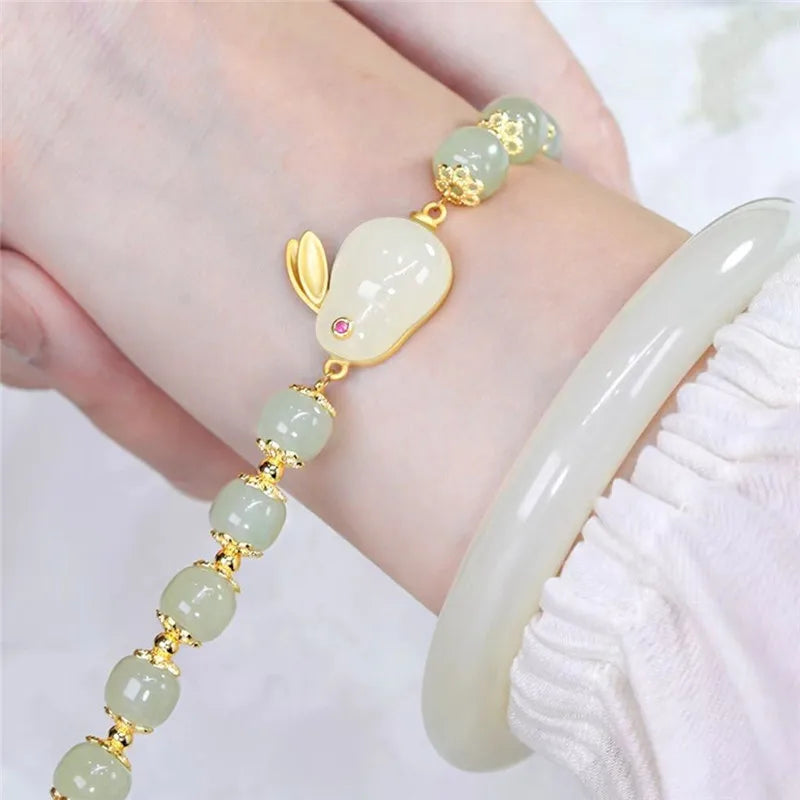 Fu Character Lucky Hetian Jade Hare Stars Antique Bracelet Creative Cute Female Temperamental Fashion Gifts Femme Qme