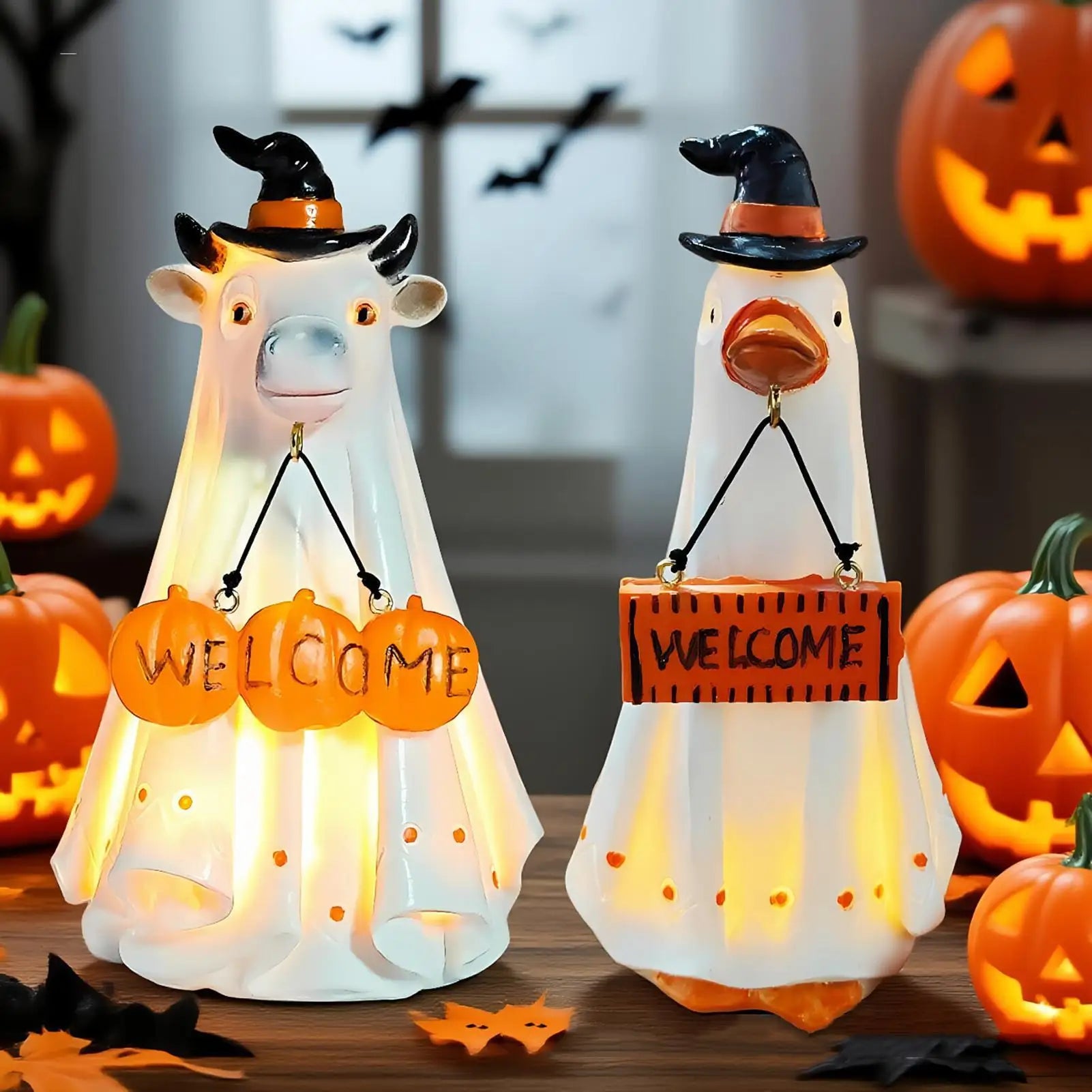 Halloween Figurines Spooky Resin Ghost Animal Statue Decorations Qme