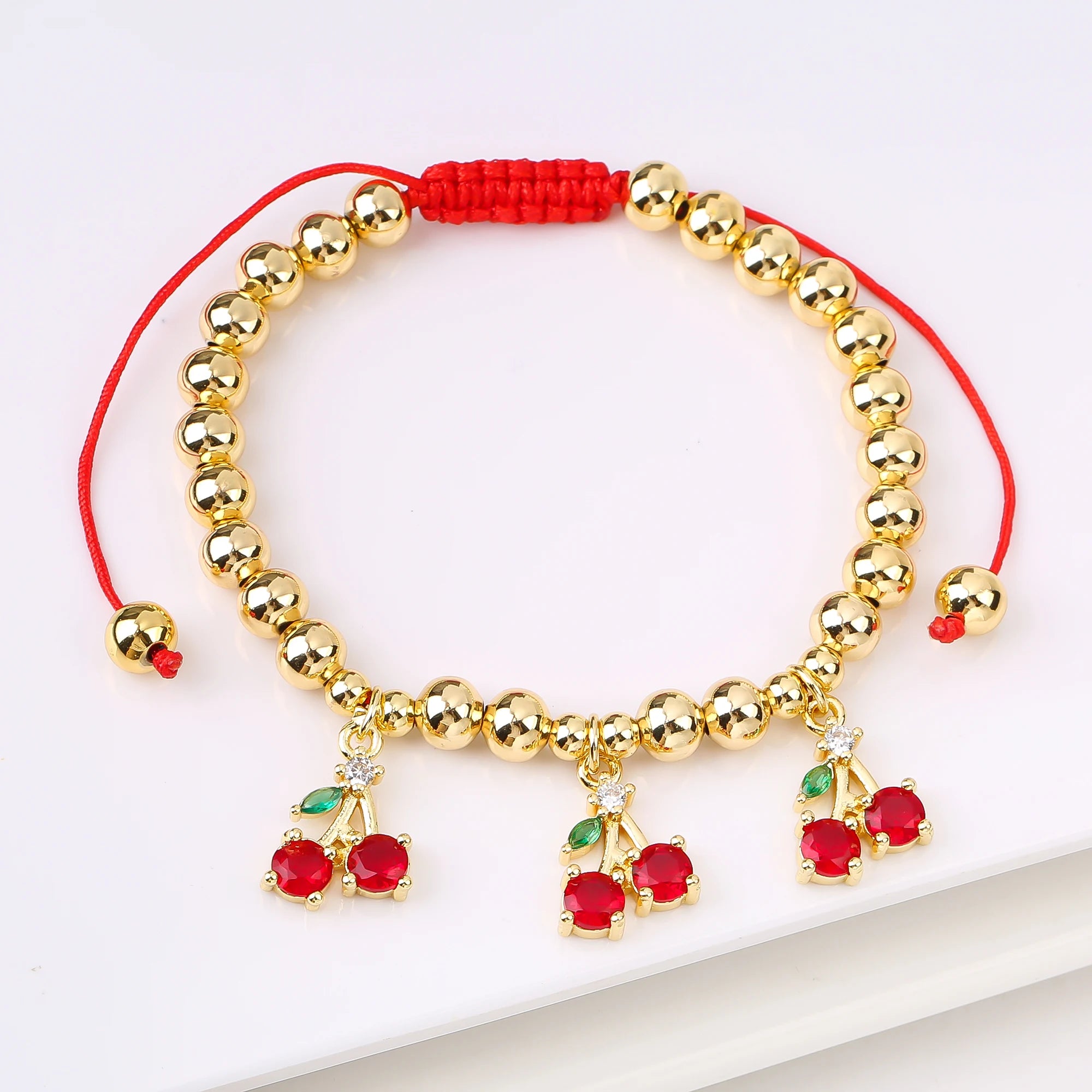 Gold-Plated Copper Bead Chain Braid Crystal Red Cherry Bracelet for Woman Female Daily Party Wrist Jewelry Friendship Gift Qme 3
