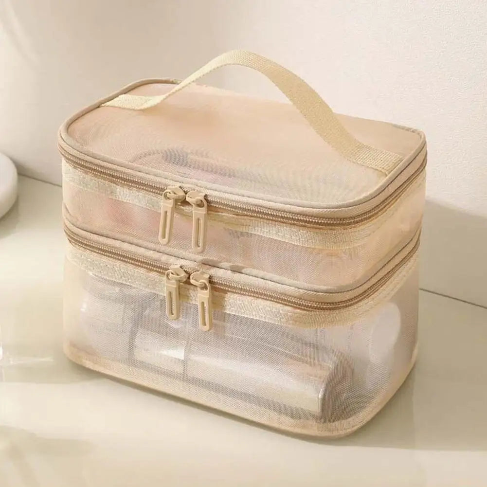 Travel Makeup Bag Handheld Mesh Storage Double Layer Cosmetic Pouch Qme