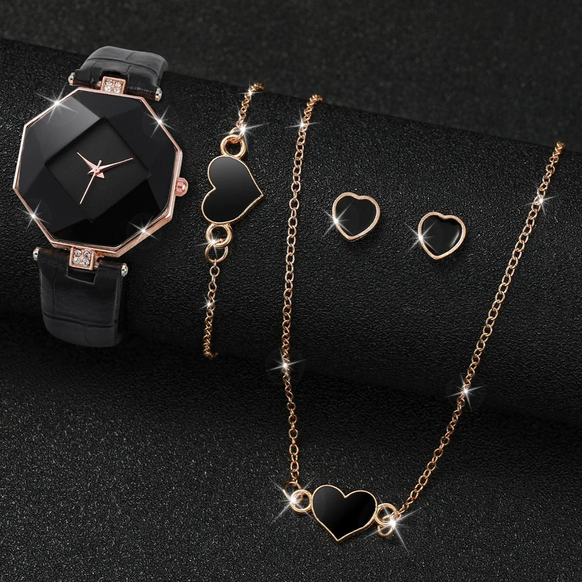 5 Pçs/set Relógio Feminino Moda Pulseira de Couro Analógico Relógios de Quartzo Conjunto de Jóias de Coração (Sem Caixa) Qme