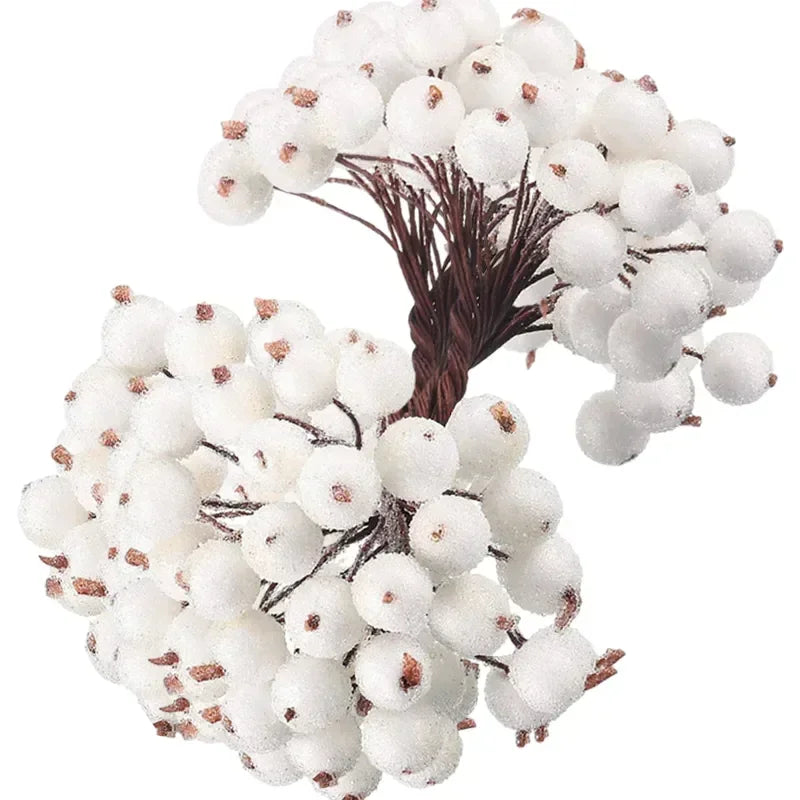 Artificial Frosted Holly Berries Mini Christmas Fake Fruit Berries Bouquet Stamen for DIY Wreath Xmas Party Home Decoration Qme White 20PCS-(1 Bundle)