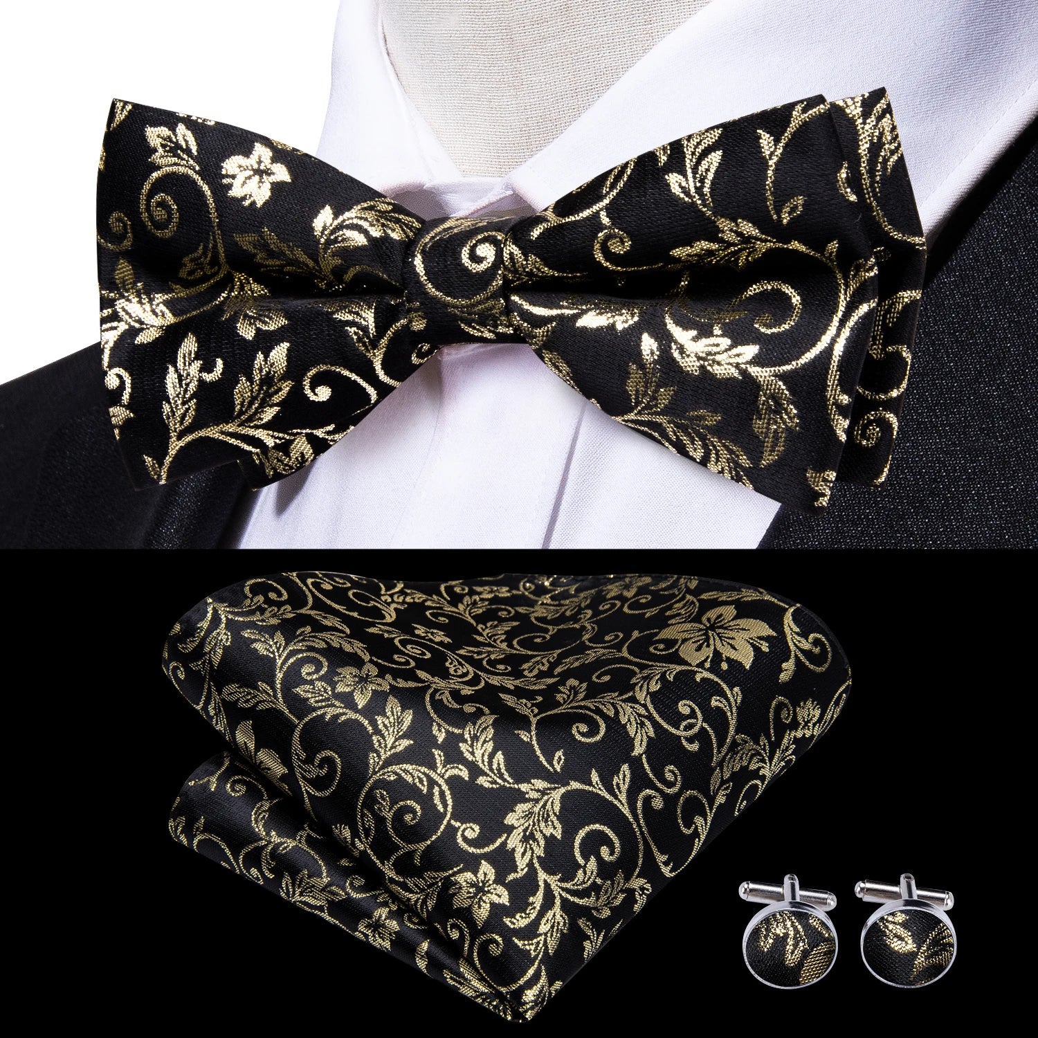 Hi-Tie Classic Bow Ties for Men Silk Butterfly Pre-Tied Male Bowtie Pocket Square Cufflinks Set Jacquard Paisley Floral Wedding Qme LH-519
