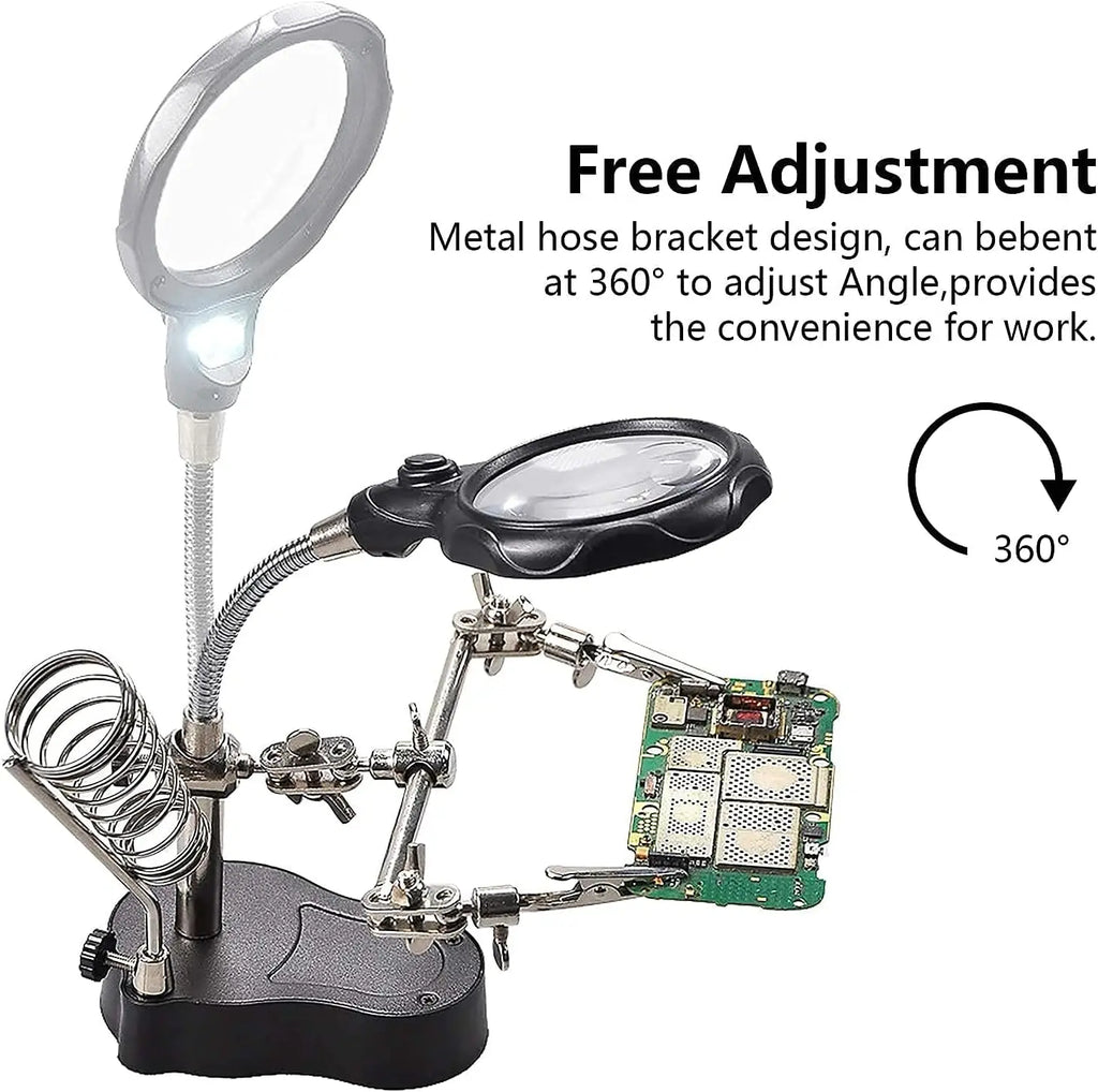 Desktop Magnifying Glass Soldering Station, Adjustable Helping Hands 3.5X 12X Magnifier with LED Light and Alligator Clips Qme