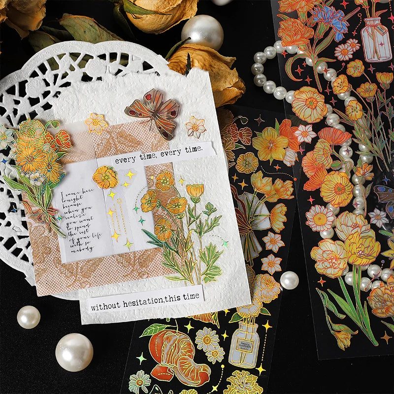 3 pcs Bronzing Flowers Stickers aesthetic Diy Stickers Aesthetic Scrapbooking Journal Deco Album Deco DIY Diary Stationery Qme
