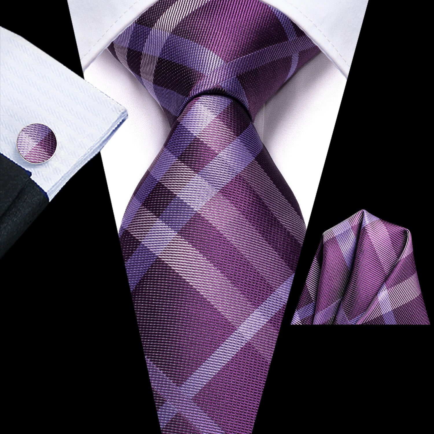 Hi-Tie 3pcs Mens Tie Purple Floral Stripes Solid Necktie Pocket Square Cufflinks Set Wedding Formal Casual Office Party Qme LDSN3455