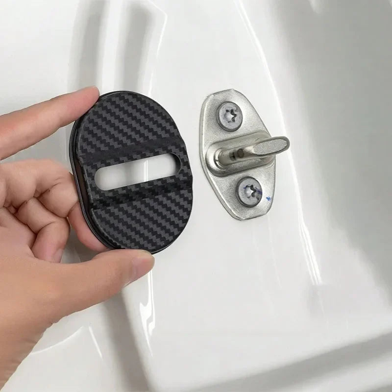4Pcs Carbon Fiber Door Lock Covers – Universal Shock-Absorbing, Noise-Reducing, Rainproof, Easy Peel & Stick Fit for Sedans/SUVs Qme
