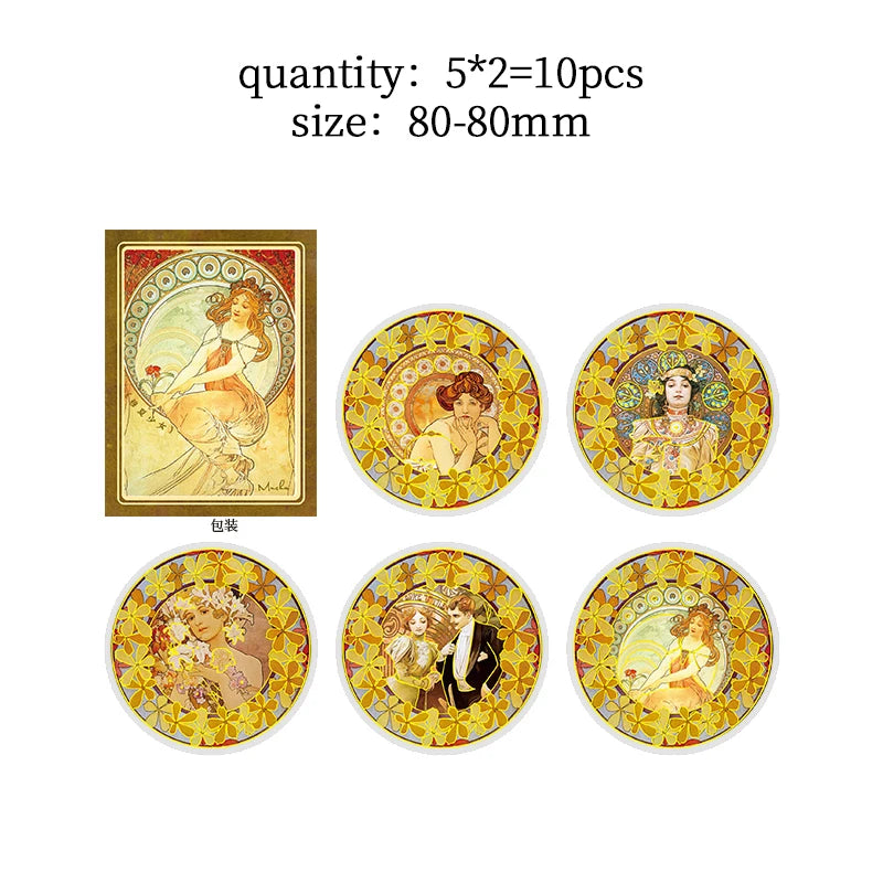 10 pcs/lot Mucha theme Stickers Diy Decorative Scrapbooking Diary Stick Labels Album hand made Collage material Qme D
