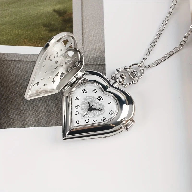 Retro Heart Pointer Quartz Pocket Watch - Hollow Out Analog Necklace Chain Pendant Watch - Perfect Valentines Gift for Her Him Qme