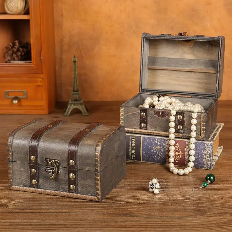 Retro Wooden Storage Box With Lock Retro Treasure Jewelry Necklace Postcard And Small Objects Storage Case Trinket Chest Qme