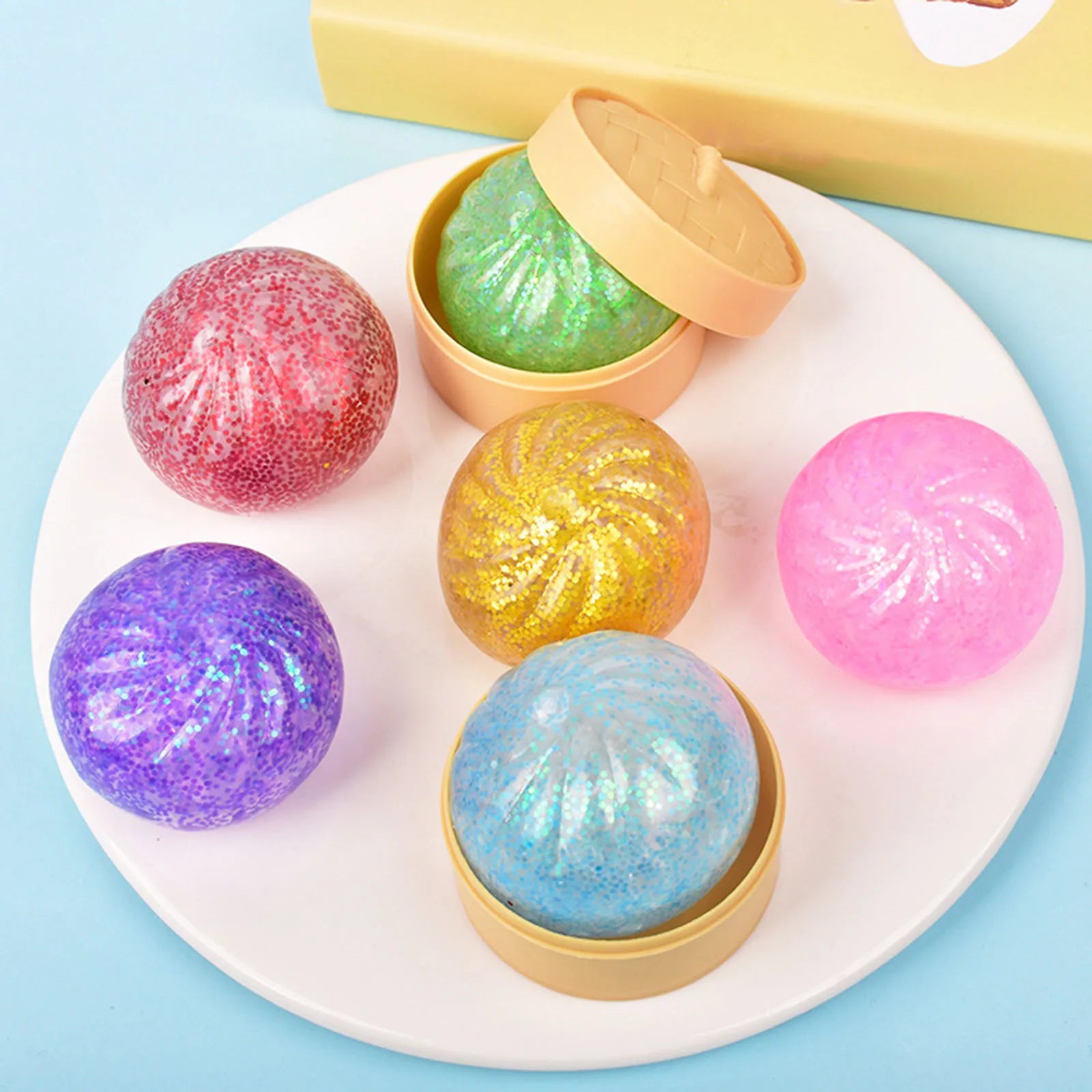 Cute Glitter Dumplings Squishy Toy With Steamer Soft Slow Resilience Toys Stress Relief Sensory Ball Sparkling Relaxation Tool Qme