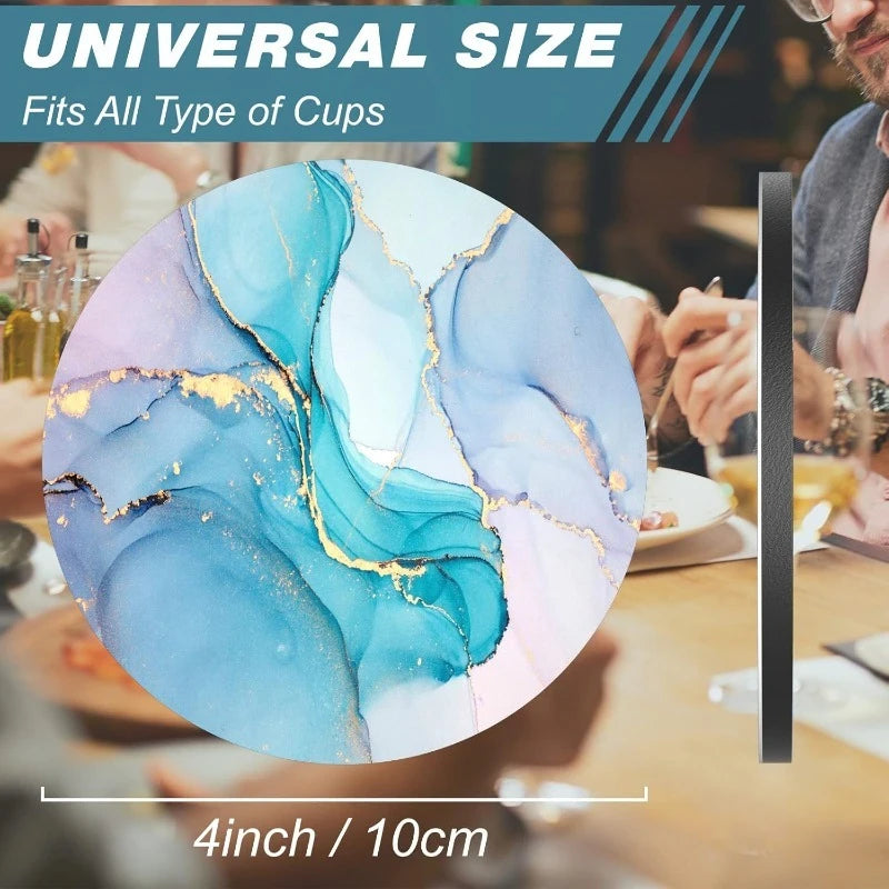 Marble Veining Wooden Drink Coasters Round Absorbent Funny Cold Qme