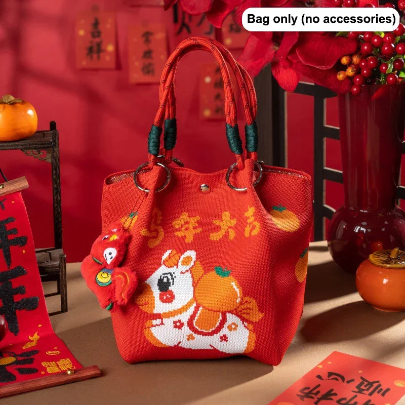2026 Horse Year Cartoon Mascot Pony Knitted Bucket Bag Women Fashion