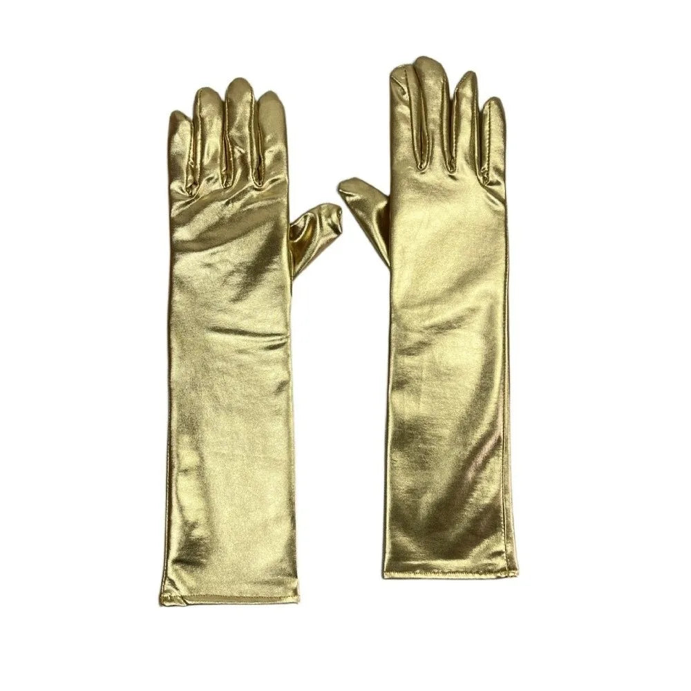 Simple Solid Color Patent Leather Gloves Elastic Shiny Long Gloves Sun Protection Lolita Women Mittens Halloween Cosplay Qme Gold