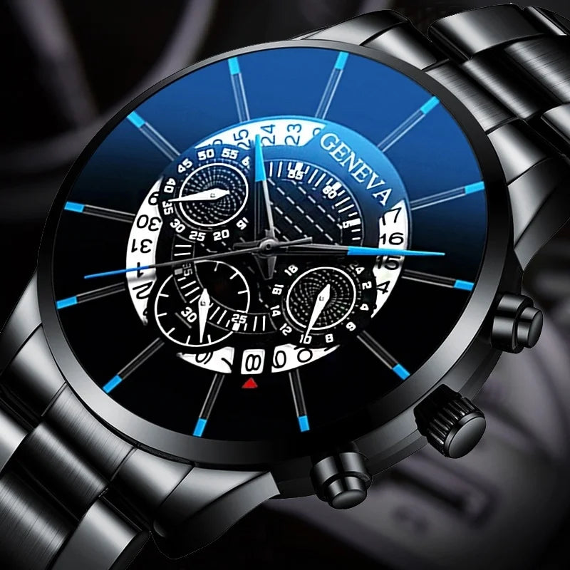 Men's Luxury Stainless Steel Watch, Sport Wristwatch, Exquisite Business Watch, Calendar, Men's Fashion Qme black-blue