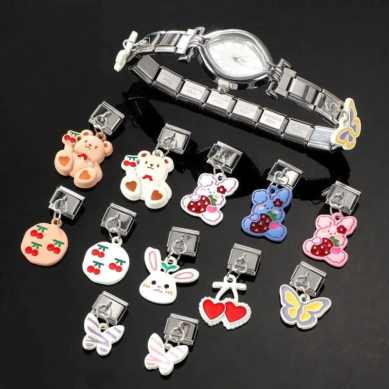 2025 Wholesale Cute Cartoon Rabbit Bear Pendant Italian Charm Links Fit 9mm Stainless Steel Bracelet Women DIY Making Jewelry Qme