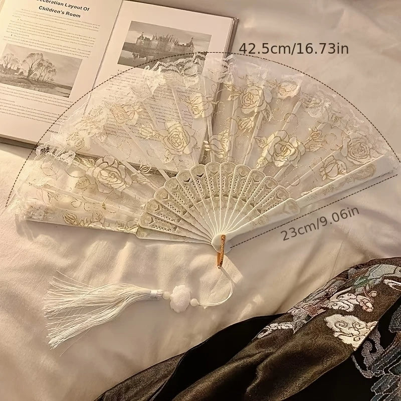 Folding Fan, Tulle Rose Embroidery Lace with Tassel Pendant, Photography Prop, Elegant Temperament Photo Atmosphere Qme