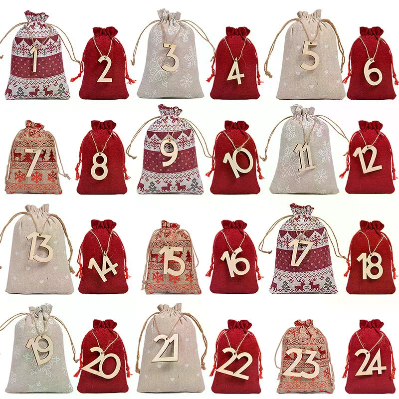 Christmas Advent Calendar Bags 24 Days Countdown Calendar Bags Drawstring Gift Bags For Adults And Kids DIY Candy Bags Qme