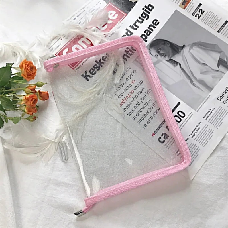 A5 Transparent Glitter PVC File Bag Student Stationery Storage Ins Color Wrapped Zipper Bag Simple Plastic Material Storage Bag Qme