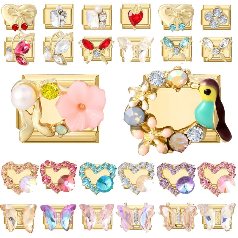 2026 Colorful Garland Flower Bird Luxury Pearl Zircon Gold Color Italian Link Fit 9mm Stainless Steel Charm Jewelry DIY Bracelet Qme