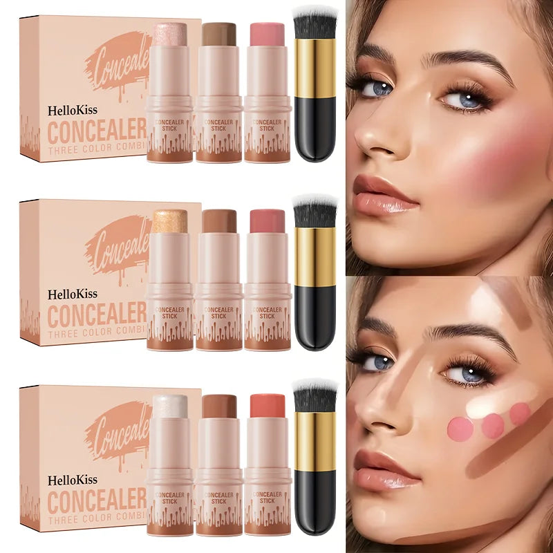 Contour Sticks, Highlighter Stick, Blush Stick, 3-Piece Cream Contour Set Including Contour Brush, Creates Facial Contours Qme