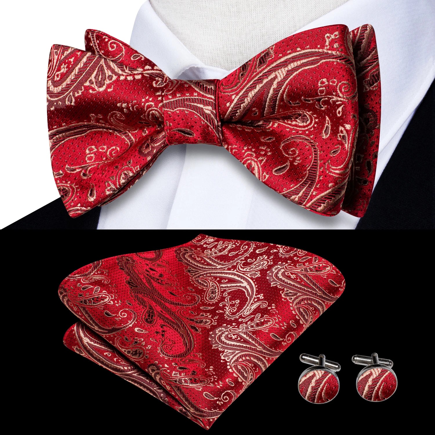 Hi-tie Silk Mens Self Bow Tie Hanky Cufflinks Blue Red Gold Black