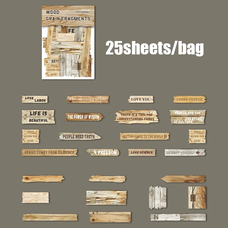 25 Sheets/Bag Wood Grain Tree Rings Themed Embossed Hard Card Stickers for DIY Scrapbook Phone Case Decoration Student Reward Qme 2