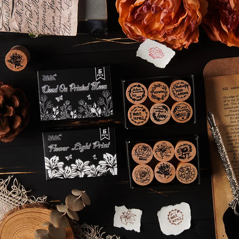 6 pcs Cartoon Text Flowers Week Wooden Rubber Stamp Scrapbooking Deco DIY Craft Standard Wooden Stamps Set Qme