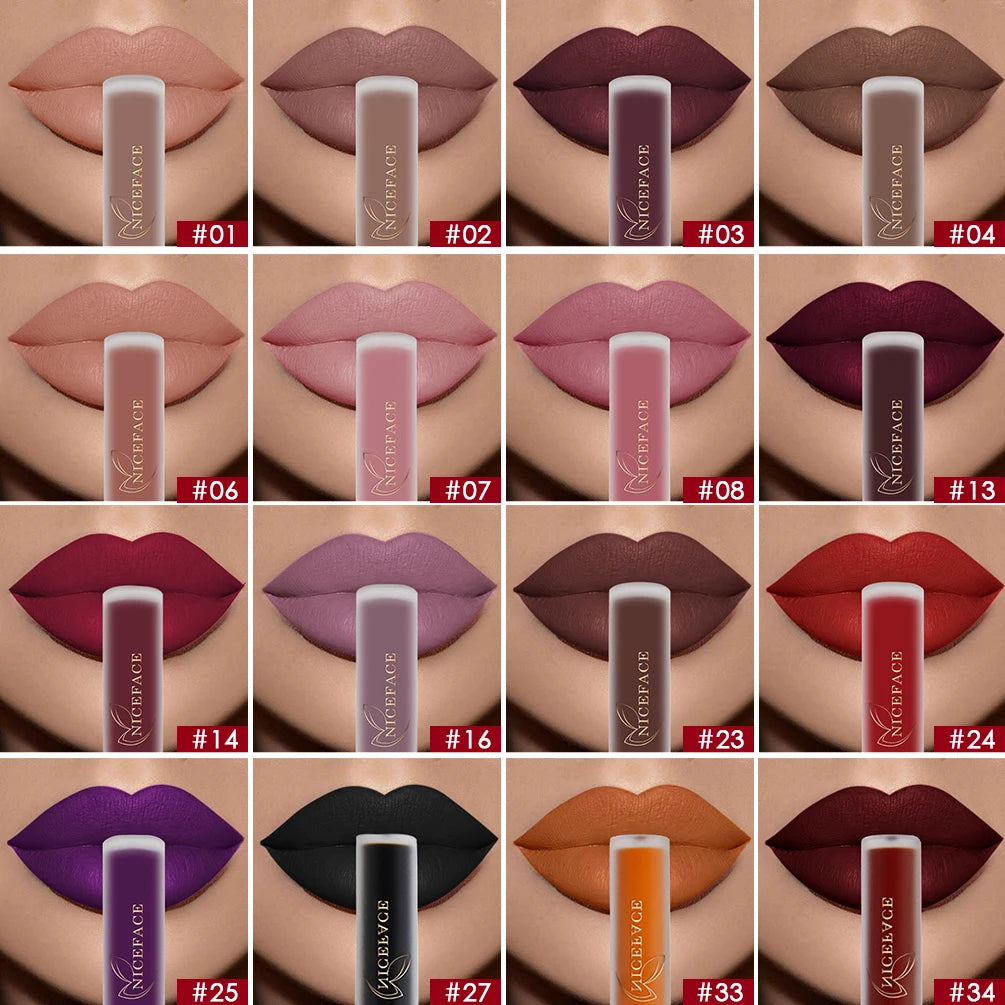 NICEFACE Hot Color Lip Gloss Waterproof Matt Lipgloss Lasting Nude Liquid Lipstick Cosmetic Sexy Women Lip Tint Makeup Lip Stain Qme