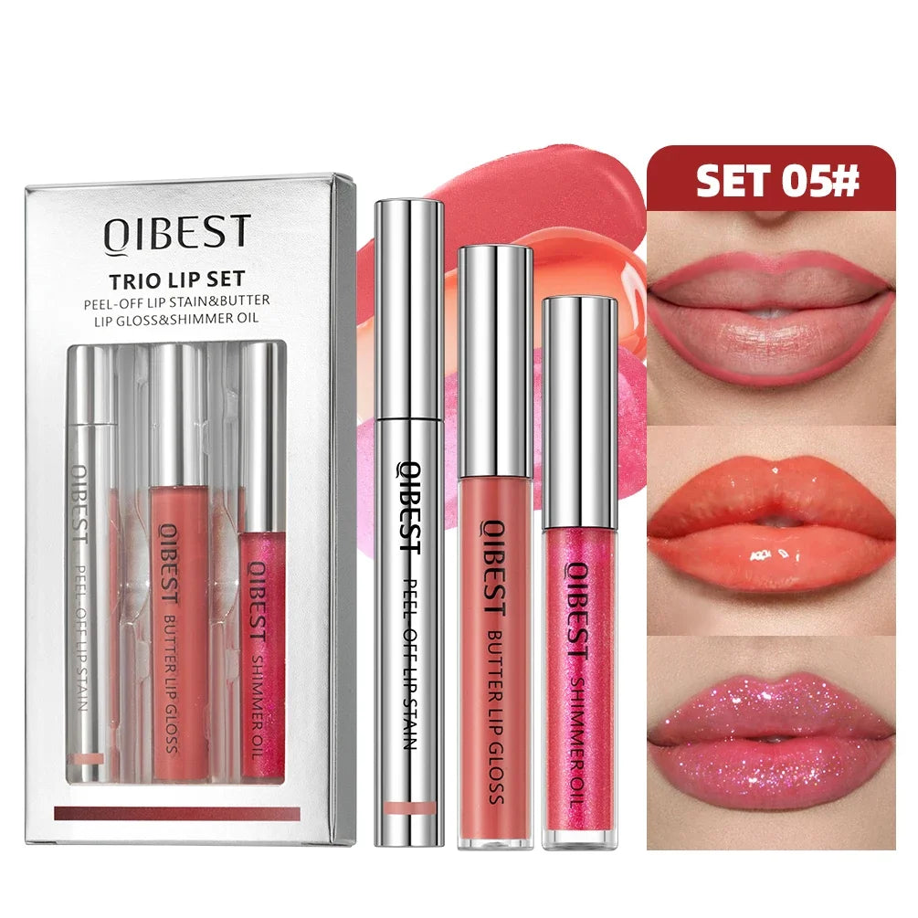QIBEST Multifunctional Makeup Kits Include Tear Off Lip Stain,Mirror Lip Glaze,Shimmer Lip Oil Gloss Lasting Lip Cosmetics Sets Qme SET 05