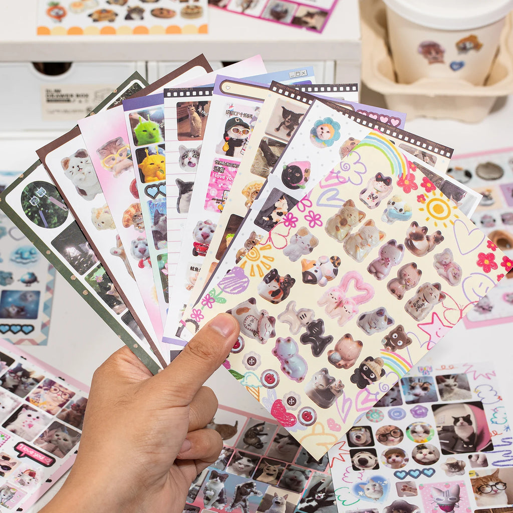 Cat Daily Meme Sticker Book, Funny Kitten Head & Food Themed Stickers for Journal Collage Qme