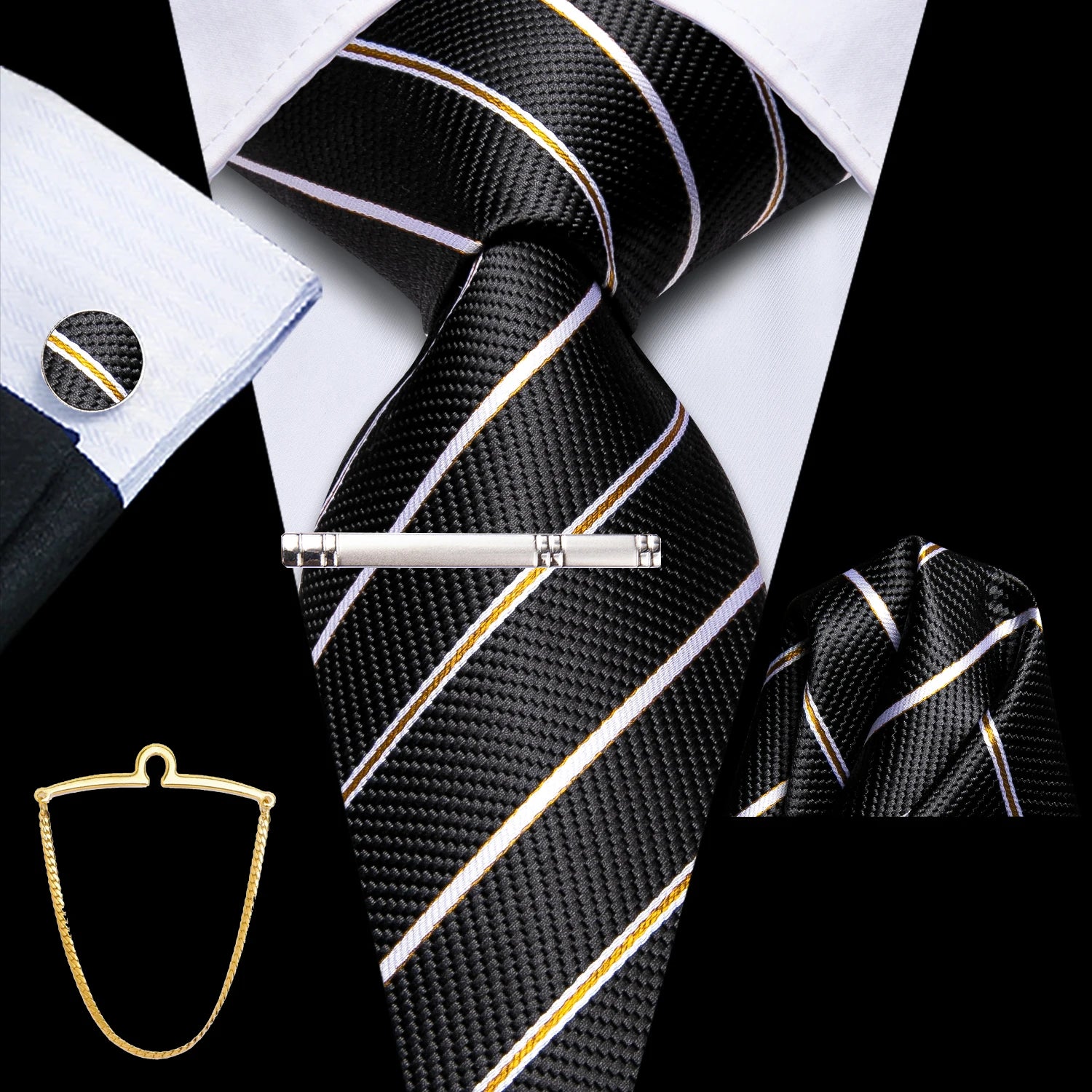 Hi-Tie Men's Smart Business Tie Set 5 Pcs - Striped Tie, Handkerchief, Cufflinks, Lapel Clip, Chain Qme QQ-N-3805