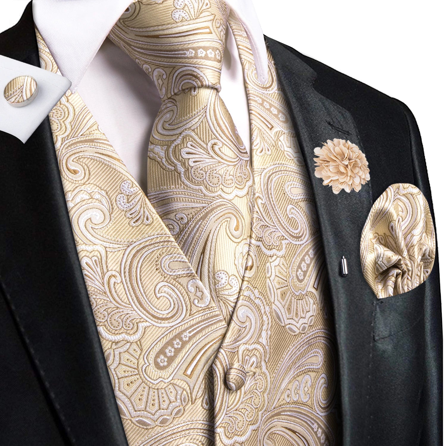 Mens Vests Jacquard Waistcoat Neck Tie Hanky Cufflinks Brooch Men Qme