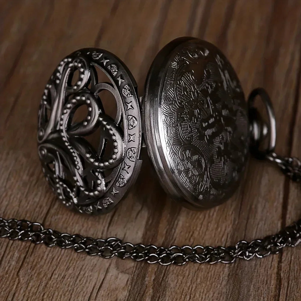 Antique Octopus Hollow Semi-Hunter Quartz Pocket Watch Steampunk Black Pocket Watch Necklace Chain Child Gift Watch Qme