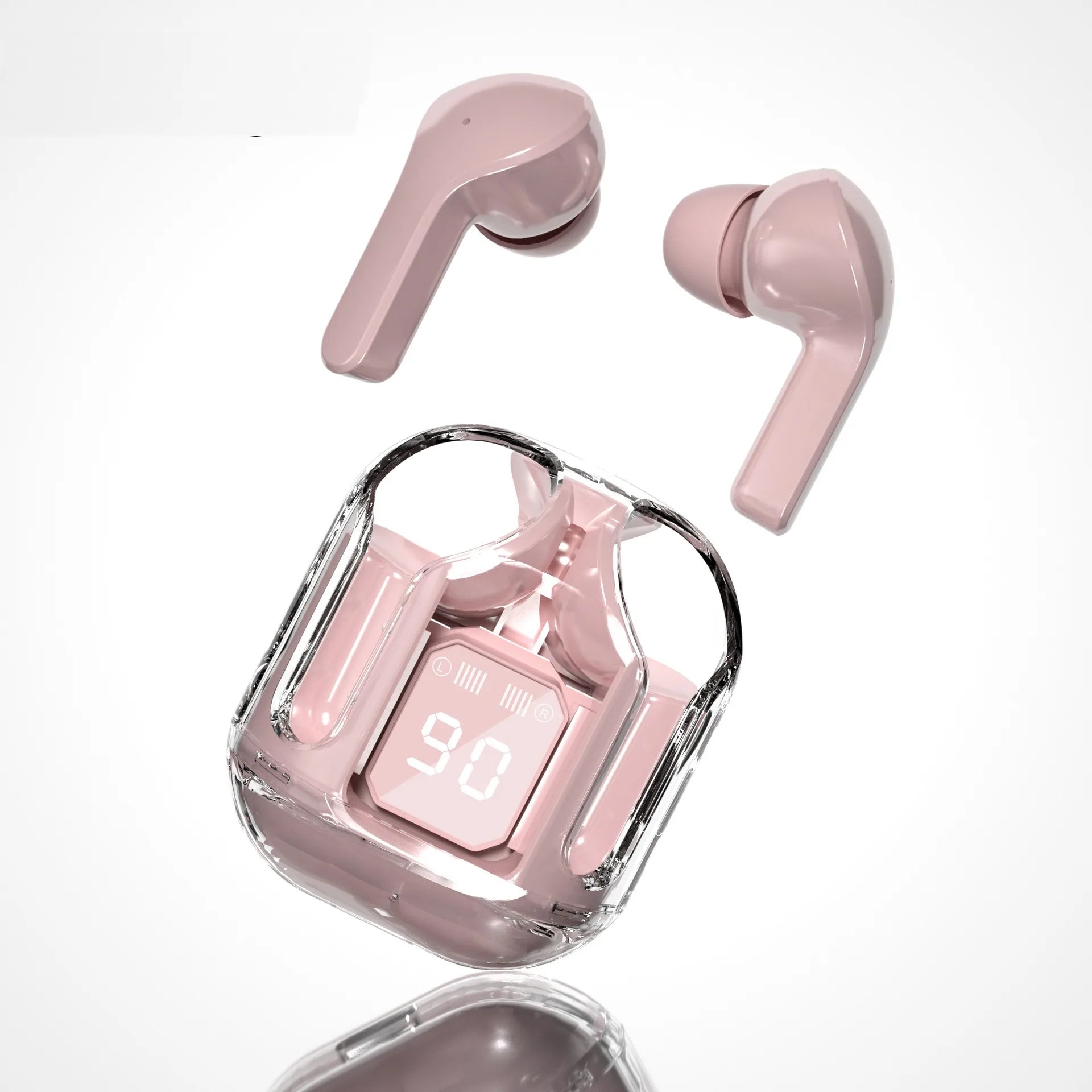 LED Power Digital Display Air 31 Wireless Bluetooth Earphone Sports Stereo Transparent design Hifi good Sound quality For Phone Qme Pink