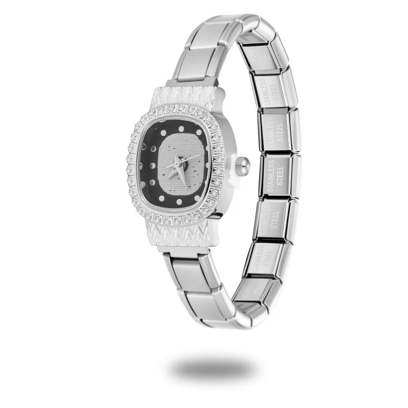 New Vintage High Quality Square Inlaid Zircon Stainless Steel Watch Bracelet Women's 9MM DIY Italian Charm Bangle Jewelry Gifts Qme Style 36