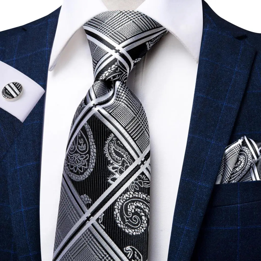 Hi-tie Smoke Grey Tie Men Elegant Mens Necktie Pocket Square Cufflink Qme 1659