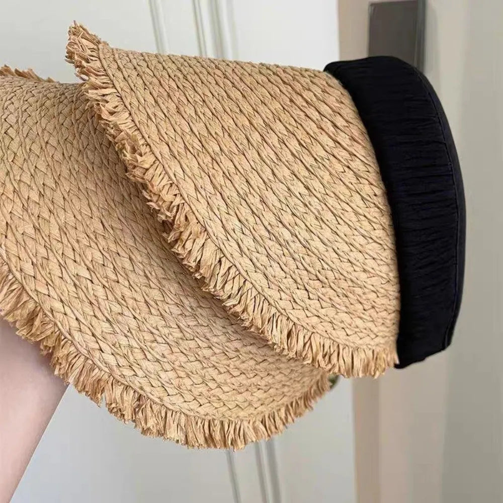 Fashion Woven Straw Visor Cap Sunscreen Hollow Empty Hat Big Head Qme