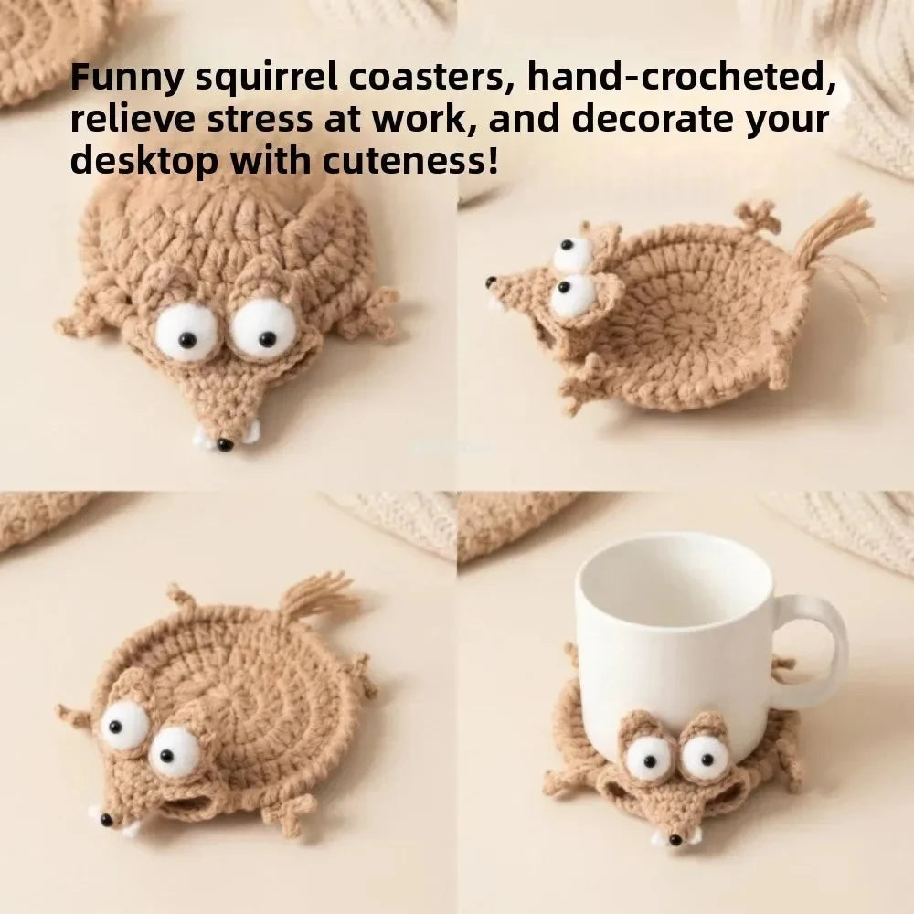 Finished Handwoven Animal Cup Coaster Cute Crochet Coffee Cup Mat Knitted Pad Tabletop Home Desk Decorative Ornament Qme