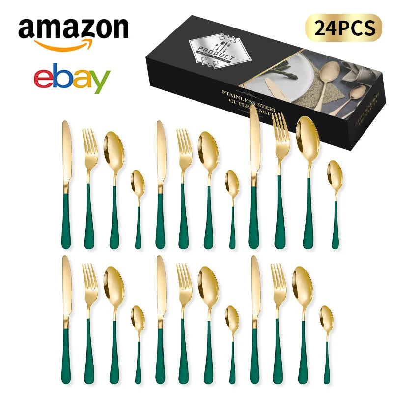 24-Piece Stainless Steel Tableware Set,Western Cutlery Steak Knife Fork Spoon, Gift Box Set for Home Restaurant Wedding Gift Qme A-24Pcs GeenGold