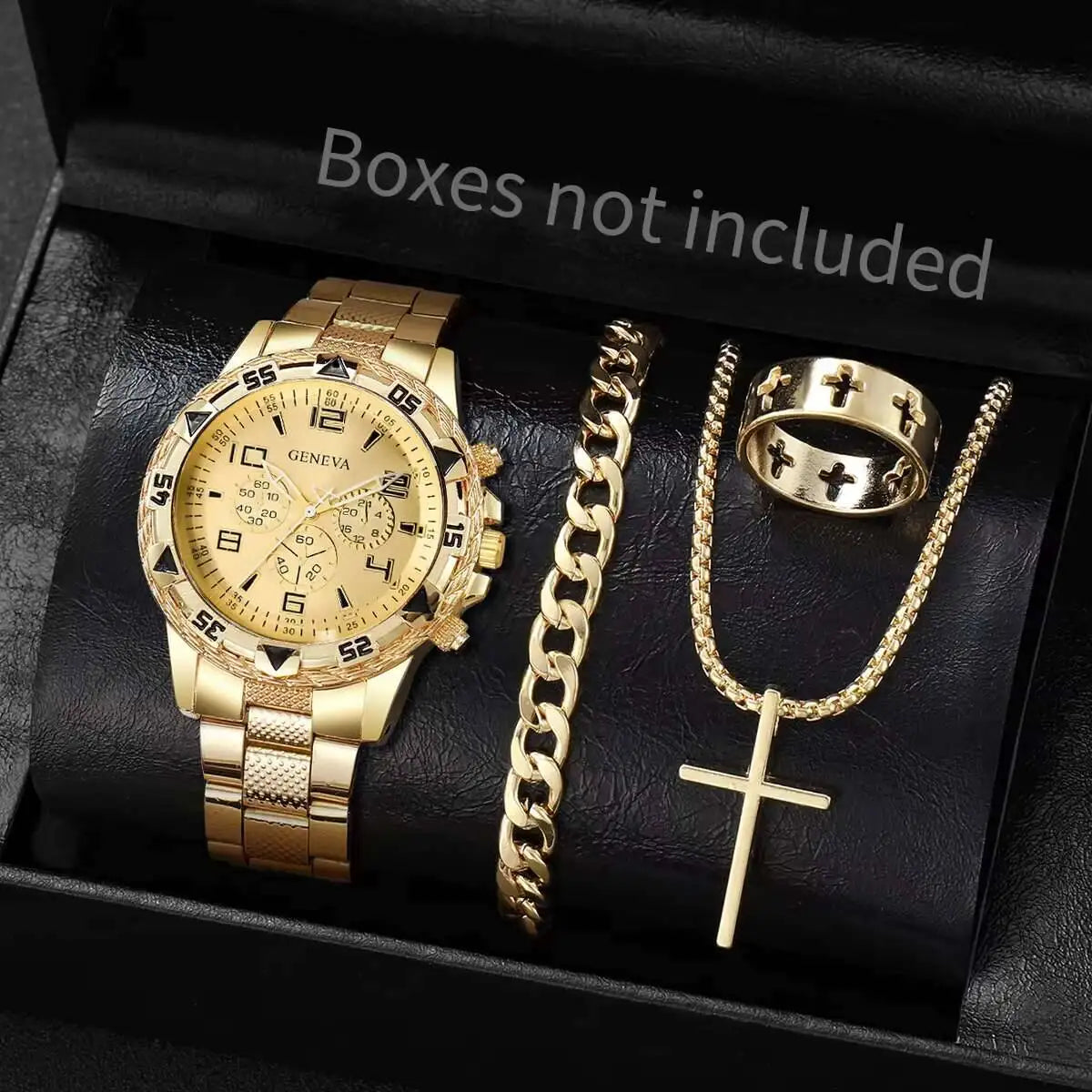4PCS Large dial men's steel strap watch fashionable business white light glass digital quartz watch set Qme Gold Gold No Box