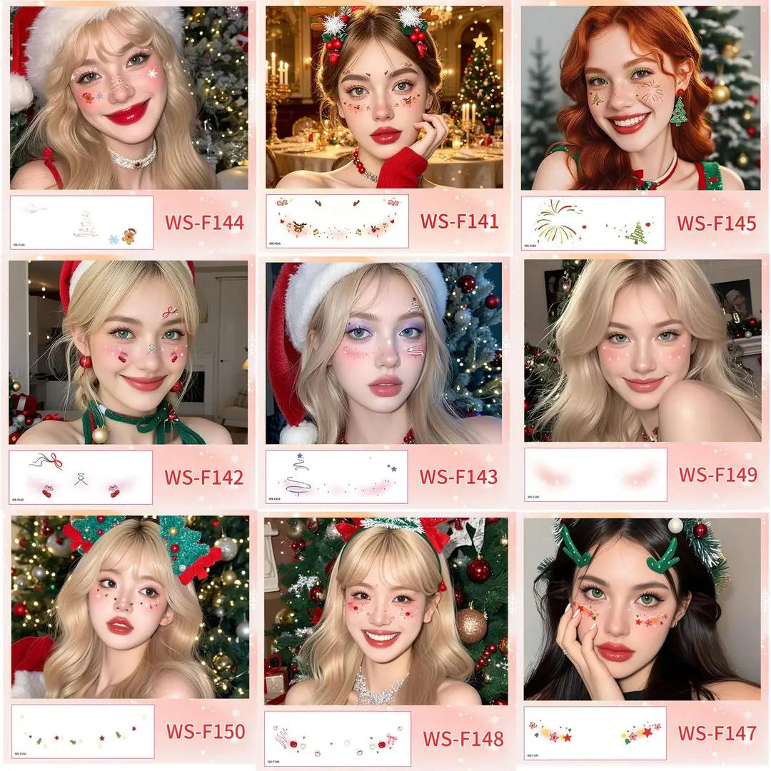 A New Stock Christmas Face Tattoo Stickers, Waterproof Sweatproof Creative Makeup Decals for Xmas Party Ball Event Cosplay Qme 9pcs WS-F141F150