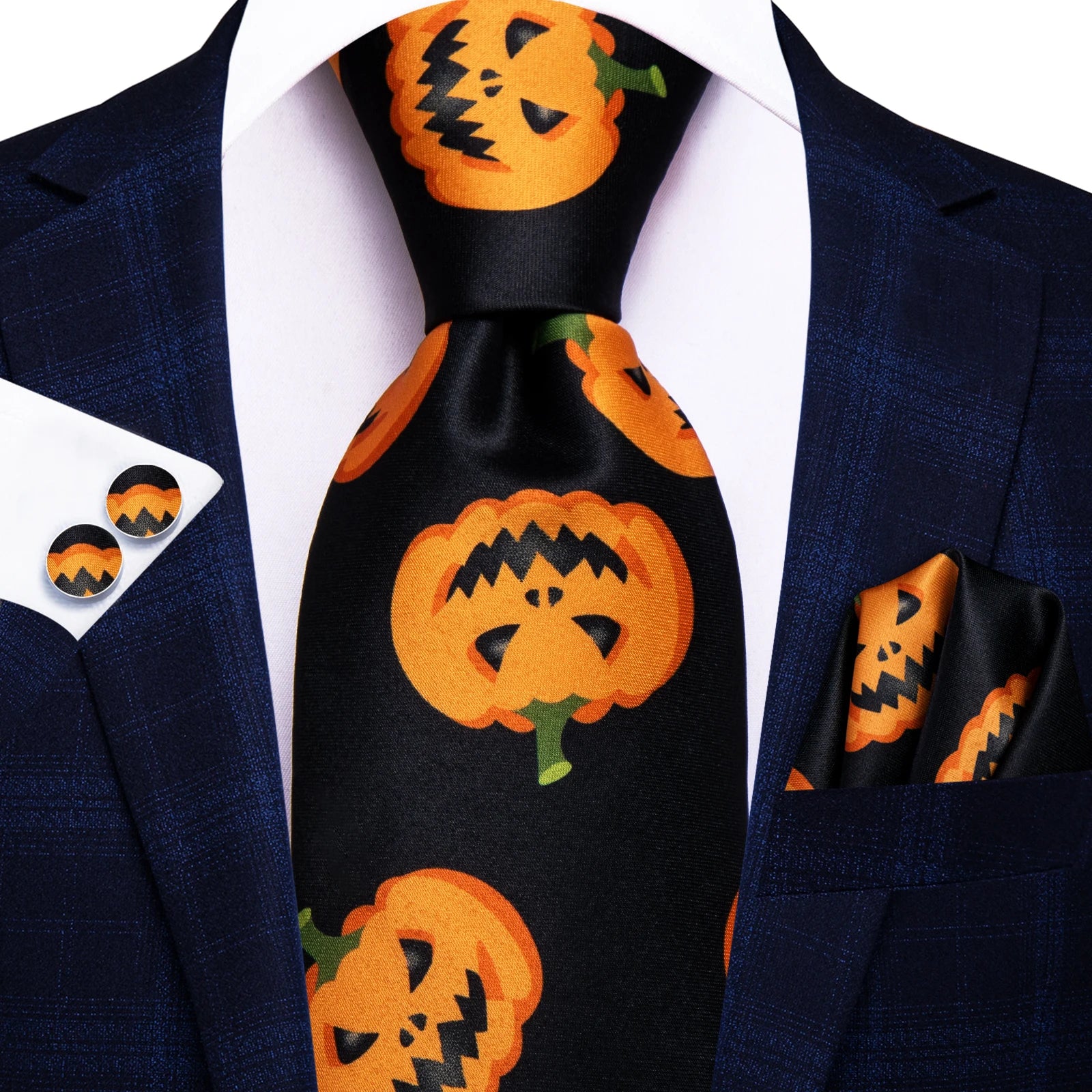 Hi-Tie Halloween Ties for Men Funny Necktie Thanksgiving Tie Handkerchief Cufflinks Gift for Men Gravats Novelty Designer Qme HT-N-0026