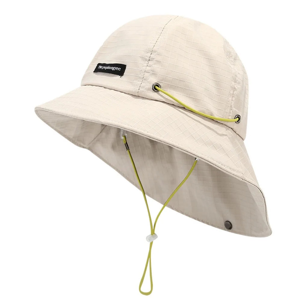 Simple Solid Color Drawstring Fisherman Hat Quick-drying with Neck cover Wide Brim Sun Hat Sun Protection Hiking Hat Summer Qme Beige