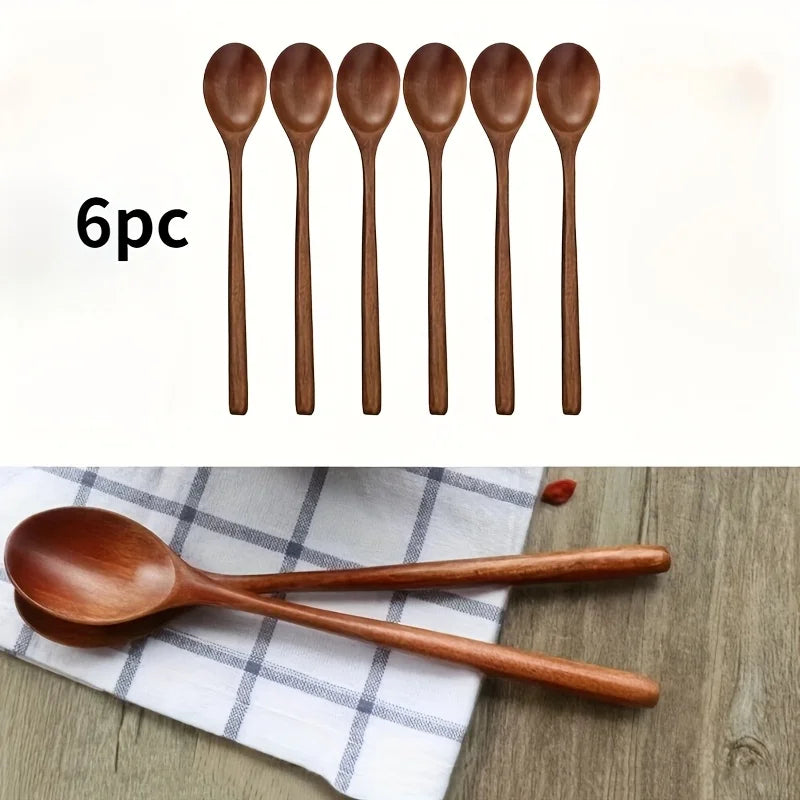 6pcs Multifunctional Handle Wooden Spoon Set, Soup Ladle, Dessert Spoon, Coffee Spoon, Stirring Spoon, Qme